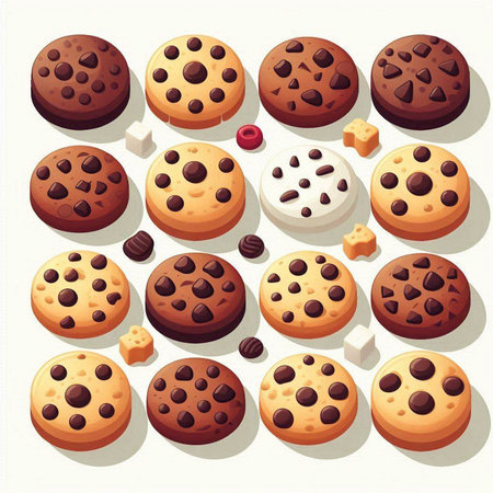 Illustration of a set of chocolate chip cookies on a white backgroundのイラスト素材