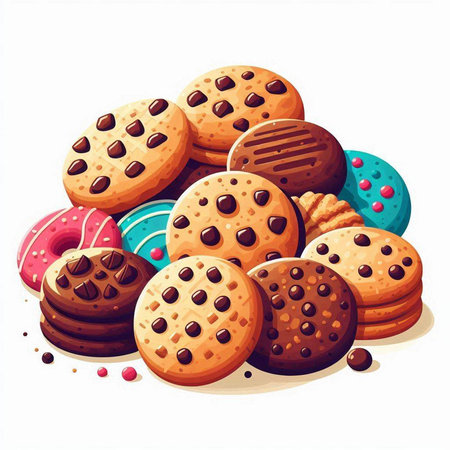 Illustration of chocolate chip cookies and other sweets on a white backgroundのイラスト素材