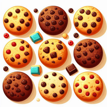 Chocolate chip cookies with chocolate chips and candies. Vector illustration.のイラスト素材
