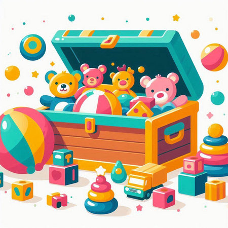 Children's toys in a wooden box. Vector illustration in cartoon style.のイラスト素材