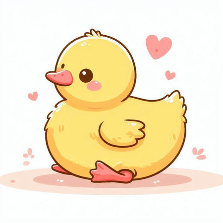 Cute little yellow duckling with hearts. Vector illustration isolated on white background.のイラスト素材