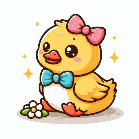 Cute little duckling with bow on white background. Vector illustration.のイラスト素材