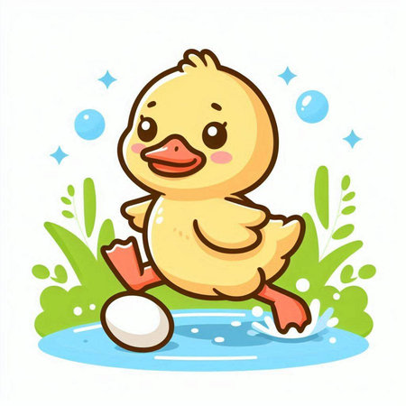Cute little duckling playing in the water. Vector illustration.のイラスト素材