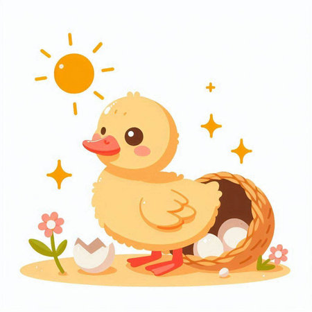 Cute duckling with egg in the basket. Vector illustration.のイラスト素材