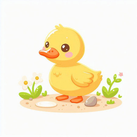 Cute cartoon yellow duckling sitting on the ground. Vector illustration.のイラスト素材