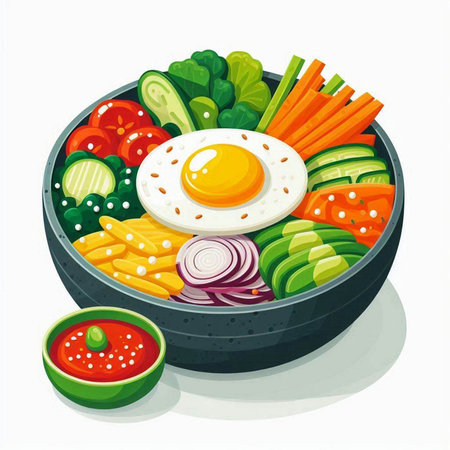 Vegetable salad in bowl isolated on white background. Vector illustration.のイラスト素材