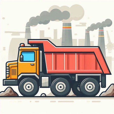 Dump truck on the background of the factory. Vector illustration.のイラスト素材