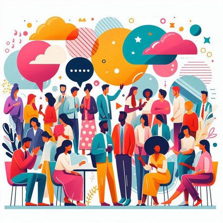 People talking in a cafe. Flat vector illustration. People with speech bubbles.のイラスト素材