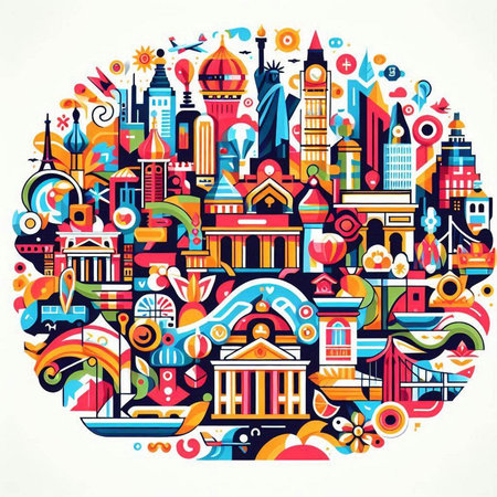 Vector colorful illustration of United Kingdom city in circle shape made of hand drawn elementsのイラスト素材