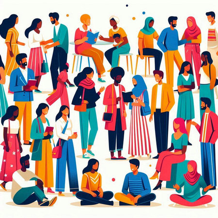 Vector illustration of a group of people reading books and drinking coffee.のイラスト素材
