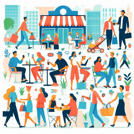 People shopping in the city. Flat vector illustration of people in the city.のイラスト素材