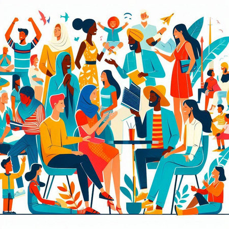 Group of people sitting in cafe and drinking coffee. Flat vector illustration.のイラスト素材