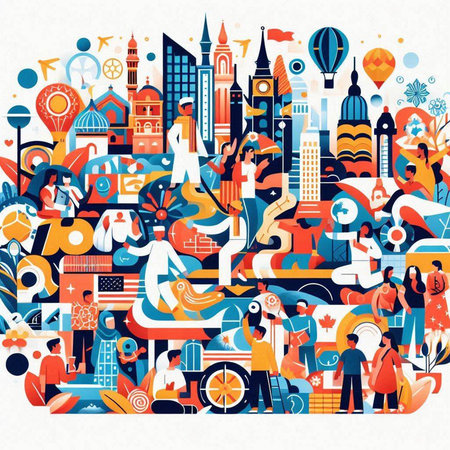 Traveling around the world. Colorful flat vector illustration with people and iconsのイラスト素材