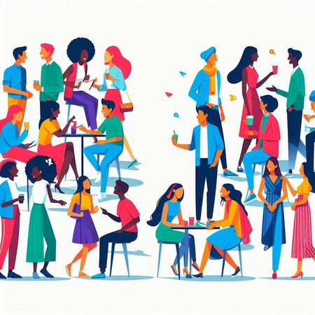 Vector illustration of a group of people sitting in a cafe. Men and women in a cafe.のイラスト素材