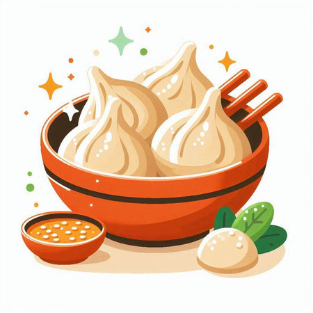 Steamed dumplings in bowl with sauce. Vector illustration.のイラスト素材