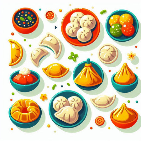 Vector set of Chinese steamed dumplings in cartoon style.のイラスト素材
