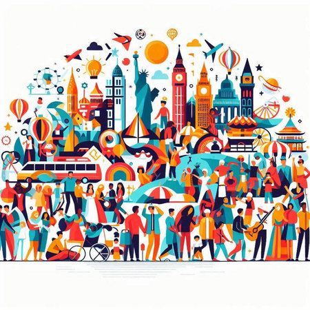 Traveling around the world. Tourists in the city. Vector illustrationのイラスト素材