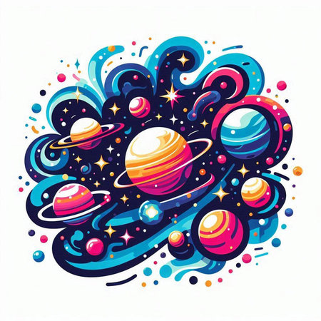 Vector illustration of planets in space. Colorful hand drawn illustration.のイラスト素材