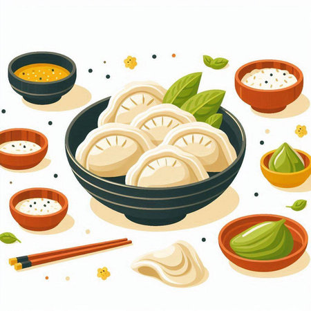 Vector illustration of dumplings in bowl with sauce and chopsticksのイラスト素材