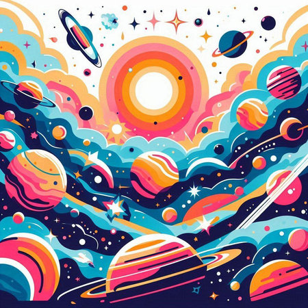 Space background with planets, stars, comets and sun. Vector illustrationのイラスト素材