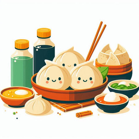 Vector illustration of Chinese dumplings in a bowl with chopsticksのイラスト素材