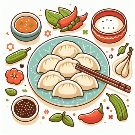 Vector illustration of Chinese dumplings with vegetables and sauce on plate.のイラスト素材