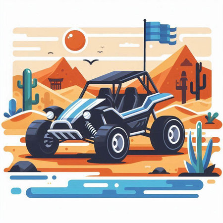 Off-road vehicle in the desert. Vector illustration in flat styleのイラスト素材