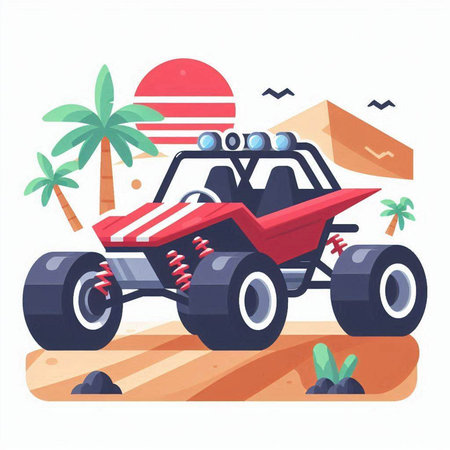 Off-road vehicle on the beach. Vector illustration in flat styleのイラスト素材