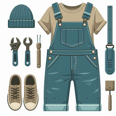 Vector illustration of work clothes and tools. Set of work clothes.のイラスト素材