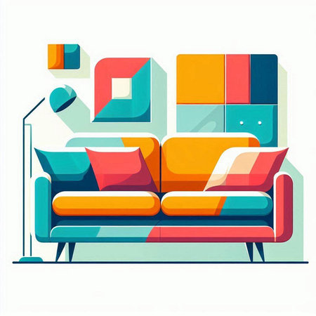 Colorful sofa with colorful cushions. Vector illustration in flat styleのイラスト素材