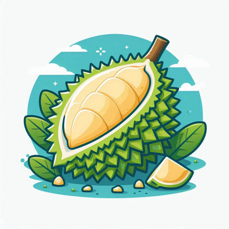 Fresh durian fruit with leaf on white background, vector illustration.のイラスト素材