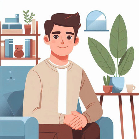 Vector illustration of a young man sitting on the sofa at home.のイラスト素材