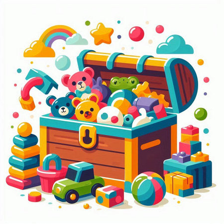 Colorful vector illustration of a wooden chest full of toys and toys.のイラスト素材