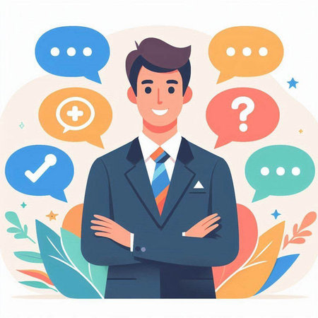 Businessman with speech bubbles. Vector illustration in flat cartoon style.のイラスト素材