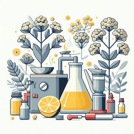 Flat design illustration with natural cosmetic products and plants. Vector illustration.のイラスト素材