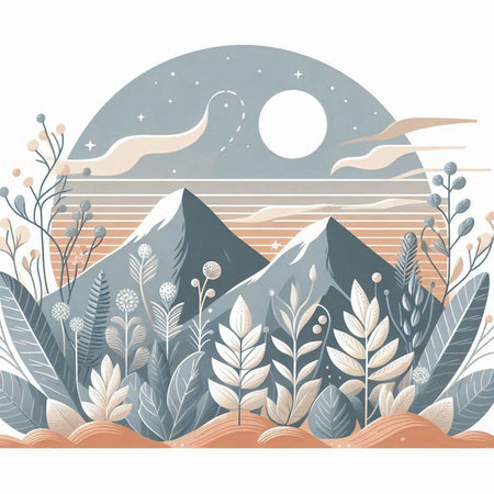 Vector illustration of a beautiful landscape with mountains, hills, forest and plants.のイラスト素材