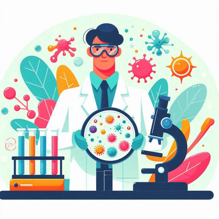 Scientist in lab coat with microscope. Vector illustration in flat styleのイラスト素材