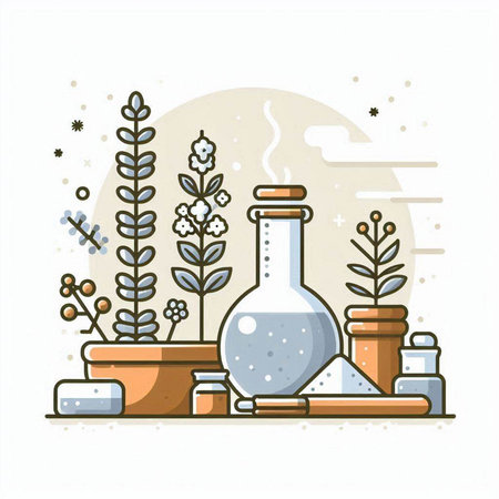 Flat design vector illustration with herbs, mortar, pestle and olive oil.のイラスト素材
