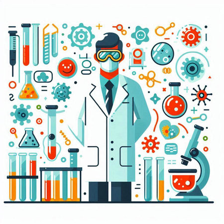 Scientist with equipment and science icons. Vector illustration in flat styleのイラスト素材