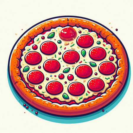 Pizza with pepperoni, tomato and mozzarella. Vector illustration.のイラスト素材