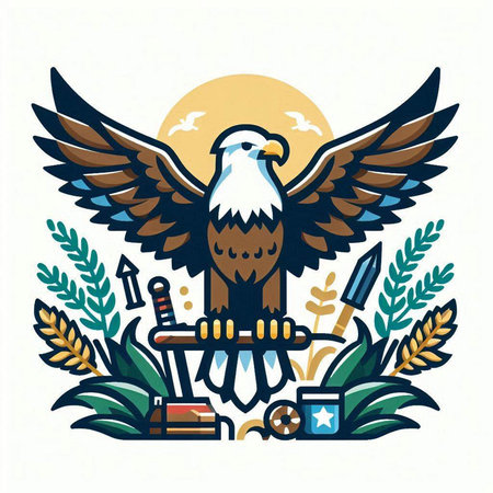 Bald eagle emblem with shield and weapons. Vector illustration in vintage style.のイラスト素材