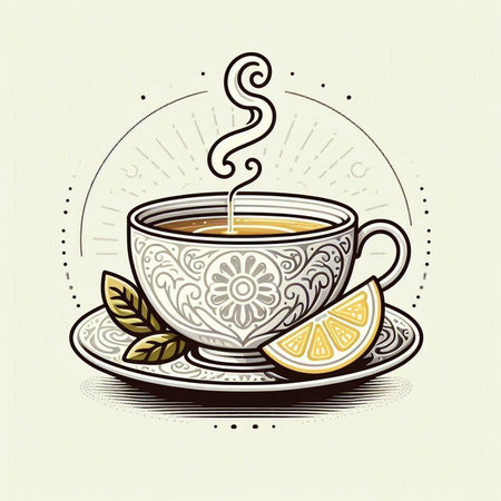 Cup of tea with lemon. Vector illustration in vintage style.のイラスト素材