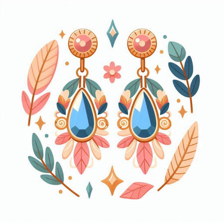 Hand drawn vector illustration of boho style earrings with feathers and gems.のイラスト素材