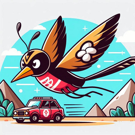 Vector illustration of a flying bird on a car in the desert.のイラスト素材