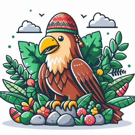 Cute hand drawn vector illustration of a bald eagle in a native american hat, surrounded by tropical plants.のイラスト素材