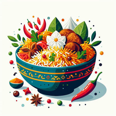Bowl of rice with vegetables, spices and herbs. Vector illustration.のイラスト素材