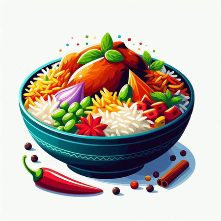 Bowl of pilaf with chicken and vegetables. Vector illustration.のイラスト素材