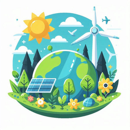 Ecology concept with solar panels, wind turbines and planet in the grass. Vector illustration.のイラスト素材