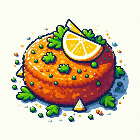 Illustration of a piece of cake with lemon and parsley on a white backgroundのイラスト素材