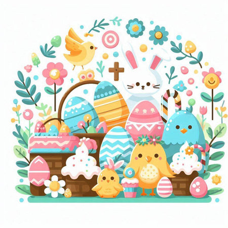 Easter card with colorful eggs, chicks and flowers. Vector illustration.のイラスト素材